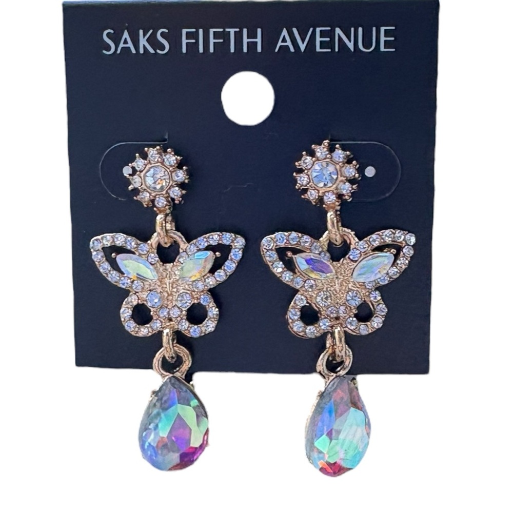 3/$40 Saks Fifth Avenue Butterfly Dangle Teardrop Earrings Multicolor Crystal
